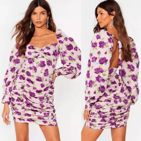 Nasty Gal Dresses & Skirts - Nasty Gal Dress Purple Floral Print Balloon Sleeve Ruched Mini NWT